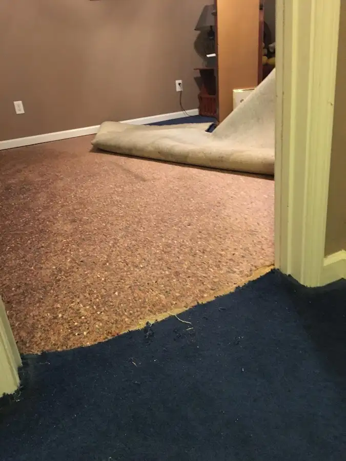 Carpet pad removal revealing water damage during Water Mitigation Services in South Riding